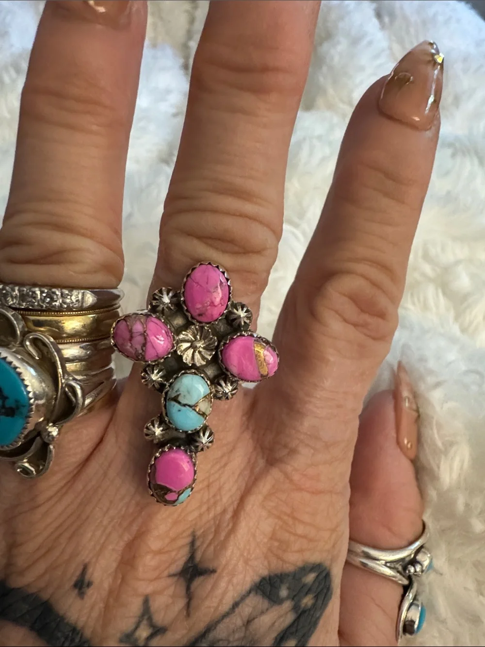 925 Silver Cluster Ring with cotton candy Turquoise Stones